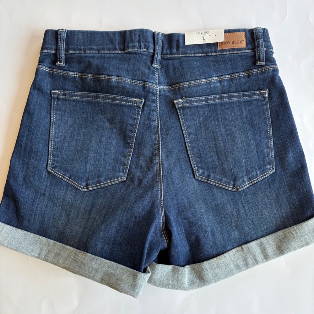 Judy Blue High Waist Pull On Denim Shorts Dark Wash Cuffed Large NWT Elastic Wst - Picture 2 of 7